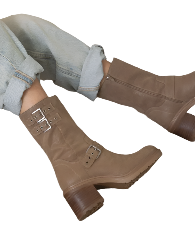 Oasis Society Rider Block Heel Boots with Buckles, Taupe, styled photo