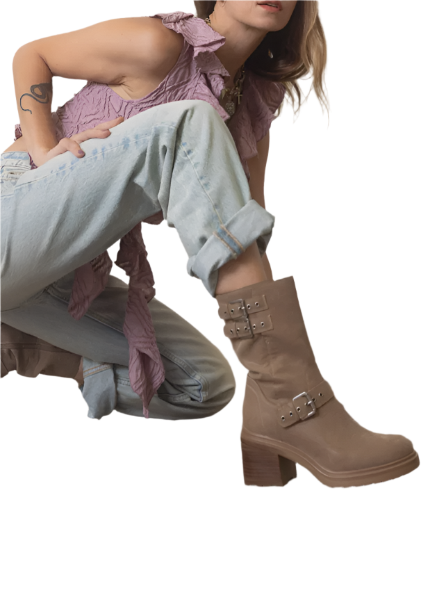 Oasis Society Rider Block Heel Boots with Buckles, Taupe, alternate view