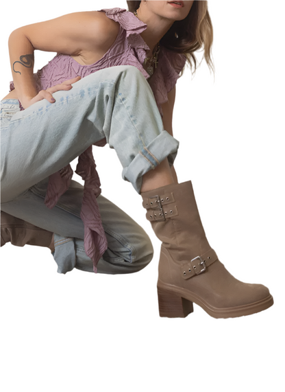 Oasis Society Rider Block Heel Boots with Buckles, Taupe, alternate view