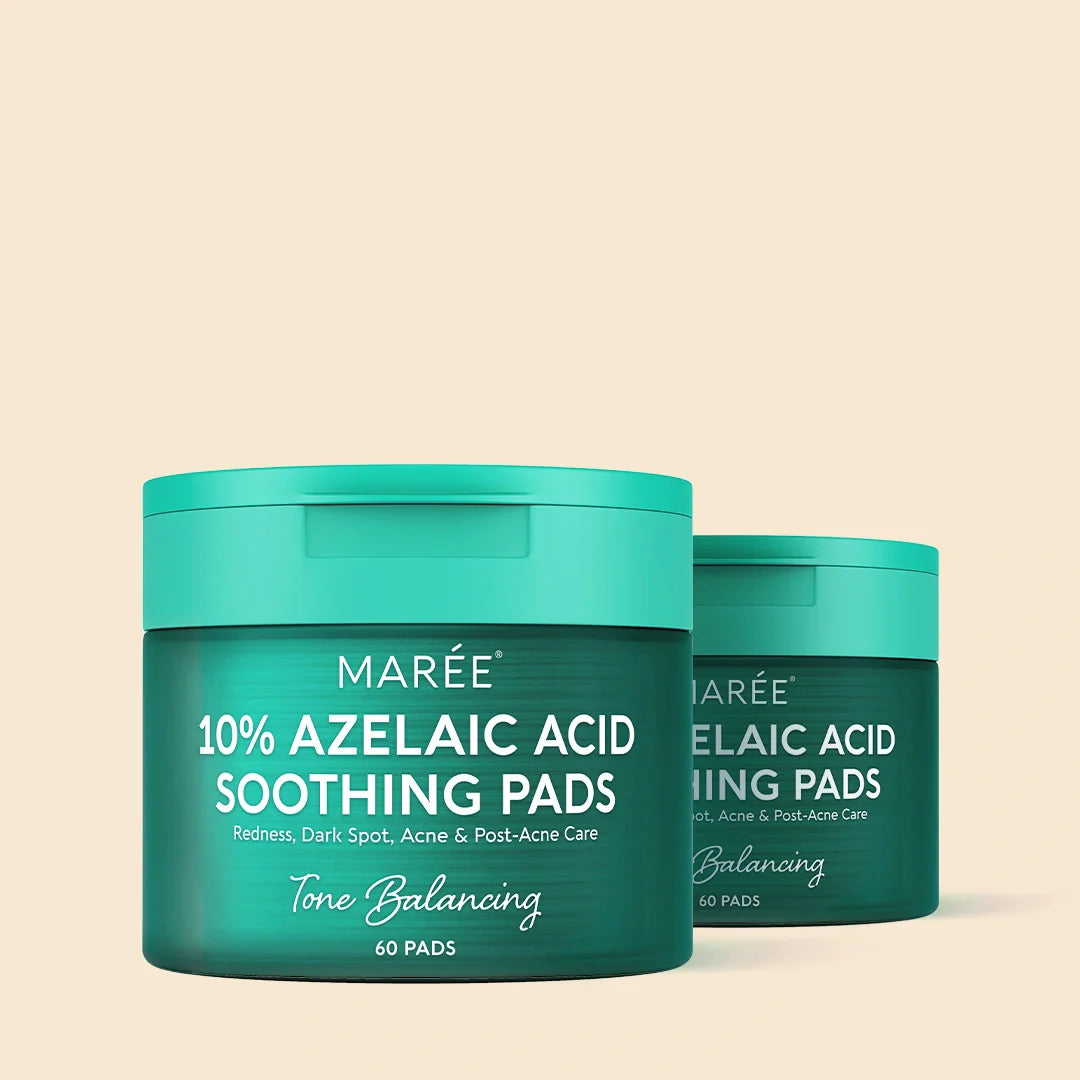 Two teal containers of Maré 10% Azelaic Acid Soothing Pads on a beige background