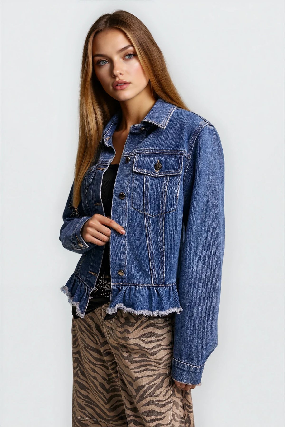 A woman modeling a cropped medium-wash blue denim jacket with a ruffled hem, worn over a black top and paired with brown zebra-print pants, against a light gray studio background.