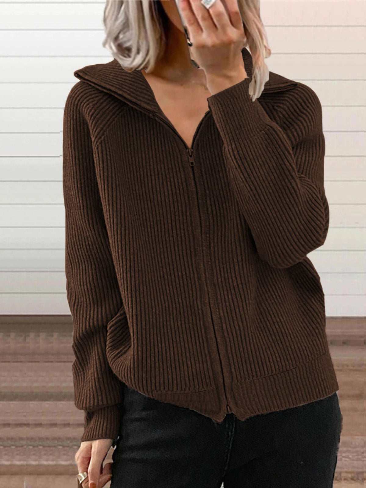 Ribbed Knit Zip-Up Outerwear, product photo (3)