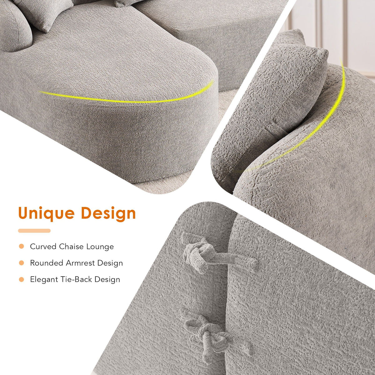 Combined sofa with 4 small accent pillows arranged on the seat