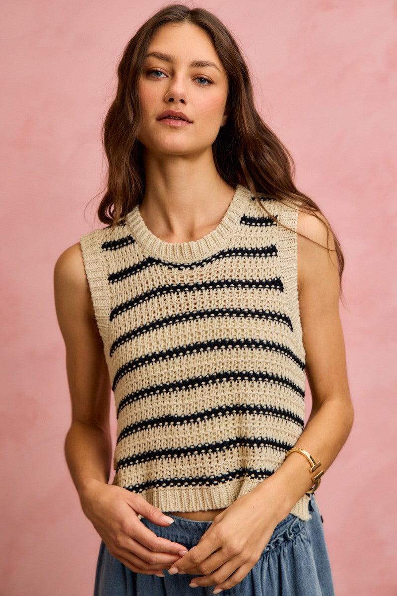 SO ME low gauge textured stripe sleeveless sweater top in Oatmeal/Black, product photo (3)