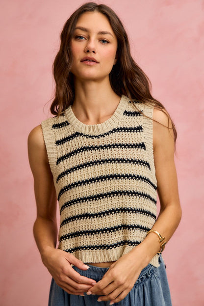 SO ME low gauge textured stripe sleeveless sweater top in Oatmeal/Black, product photo (3)