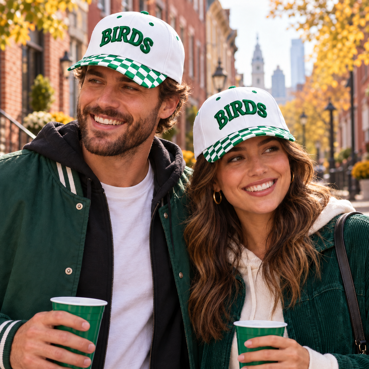 A man and a woman standing outdoors on a city street, both wearing white caps with green checkered trim and green 'BIRDS' lettering. They are smiling and holding green paper cups.