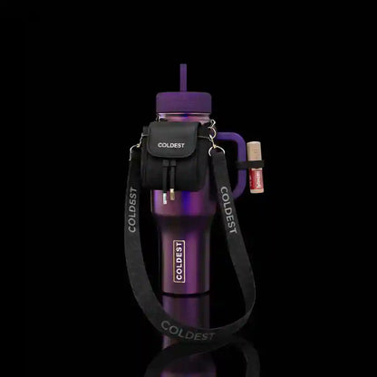 Purple water bottle with black carrying case on a black background