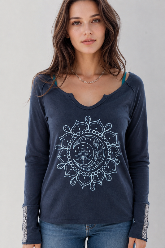 Fitkitty Culture Moon Mandala navy V-neck tee, front view