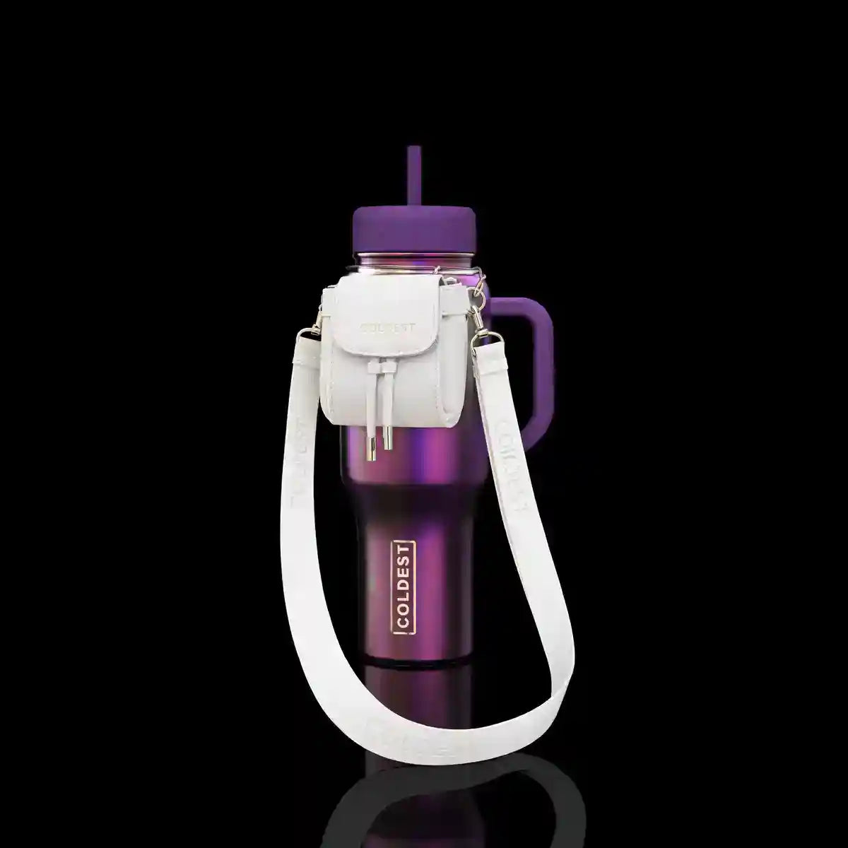 Purple water bottle with white carrying strap on a black background