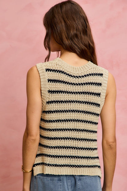 SO ME low gauge textured stripe sleeveless sweater top in Oatmeal/Black, product photo (4)