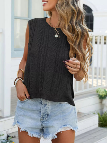 Cable knit round neck sweater vest, styled photo (3)