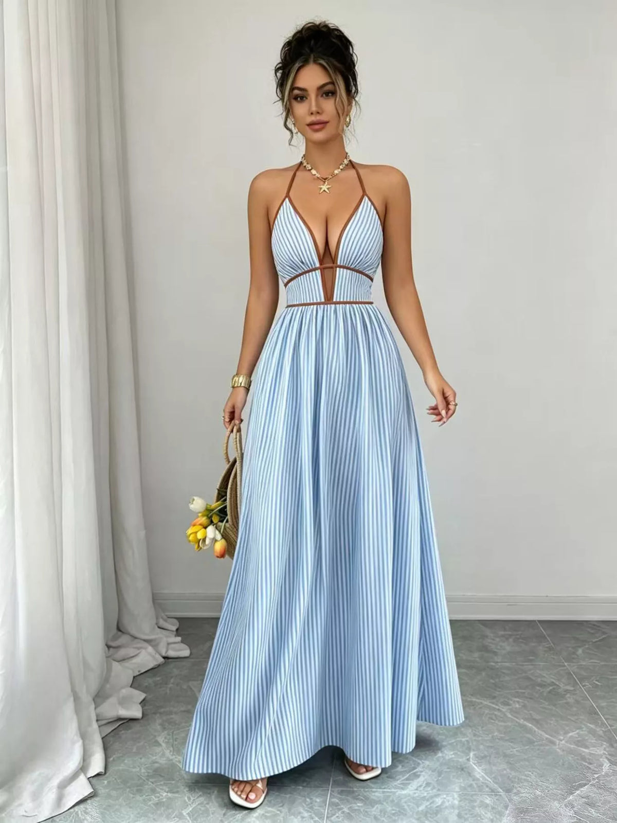 Striped Halter Neck Maxi Dress, additional detail
