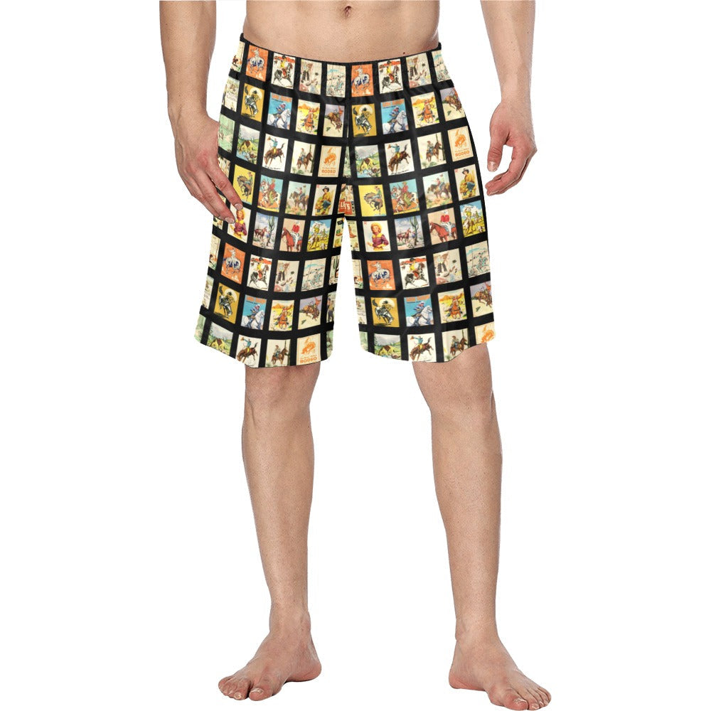 Baha Ranch Vintage Cowboy Collage western men's swim trunk shorts, product photo