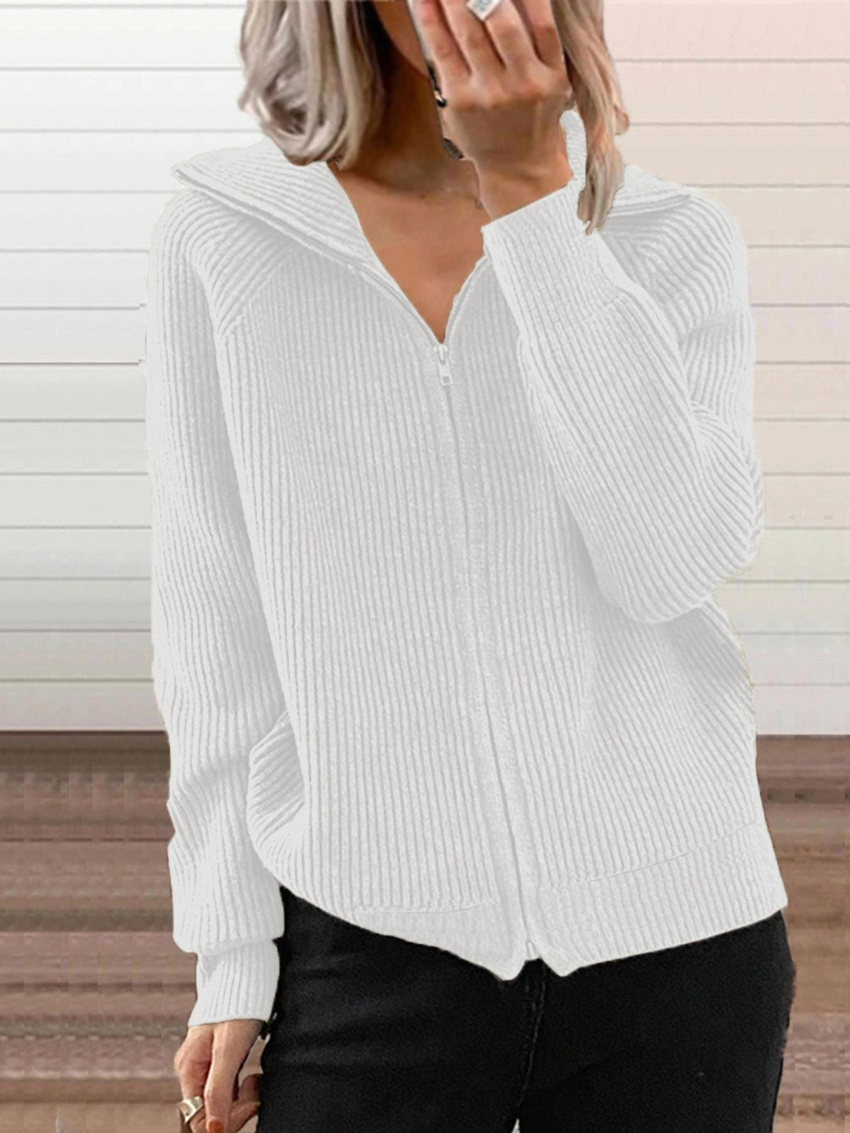 Ribbed Knit Zip-Up Outerwear, additional detail (4)