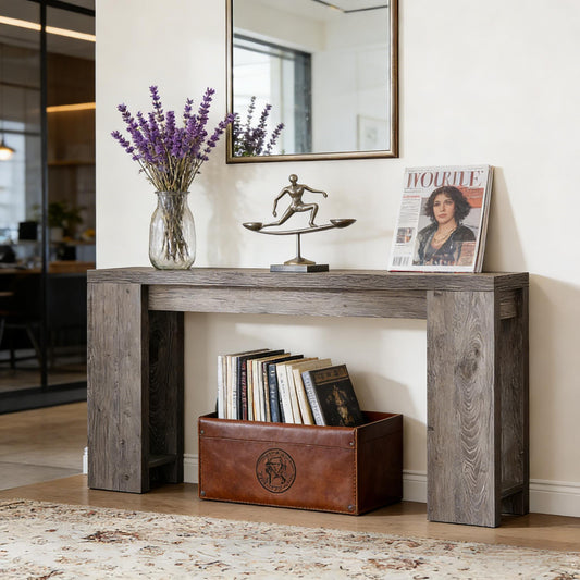 Farmhouse wood entryway console table with natural wood grain texture