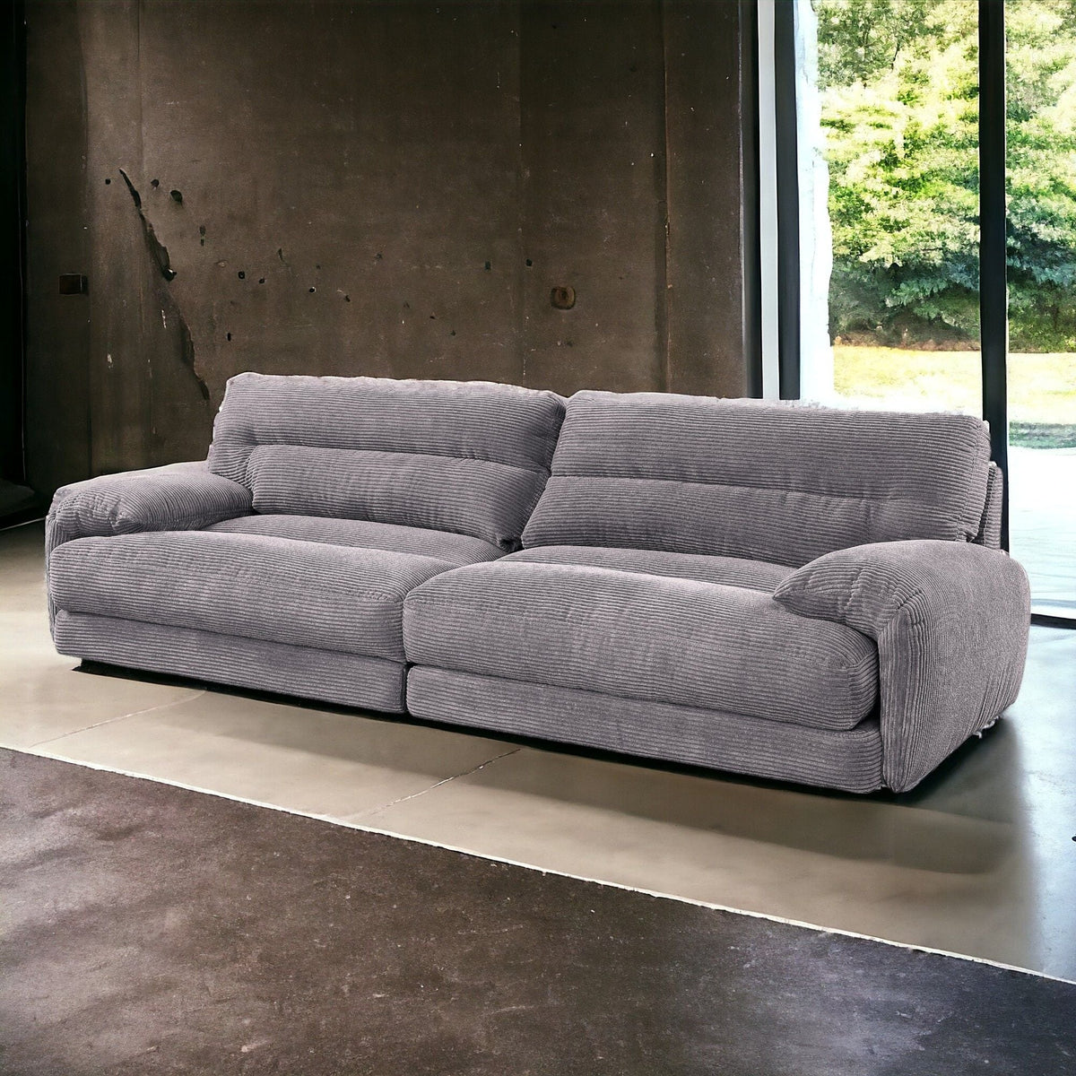 Cadenza gray corduroy three-seat sofa with plastic legs