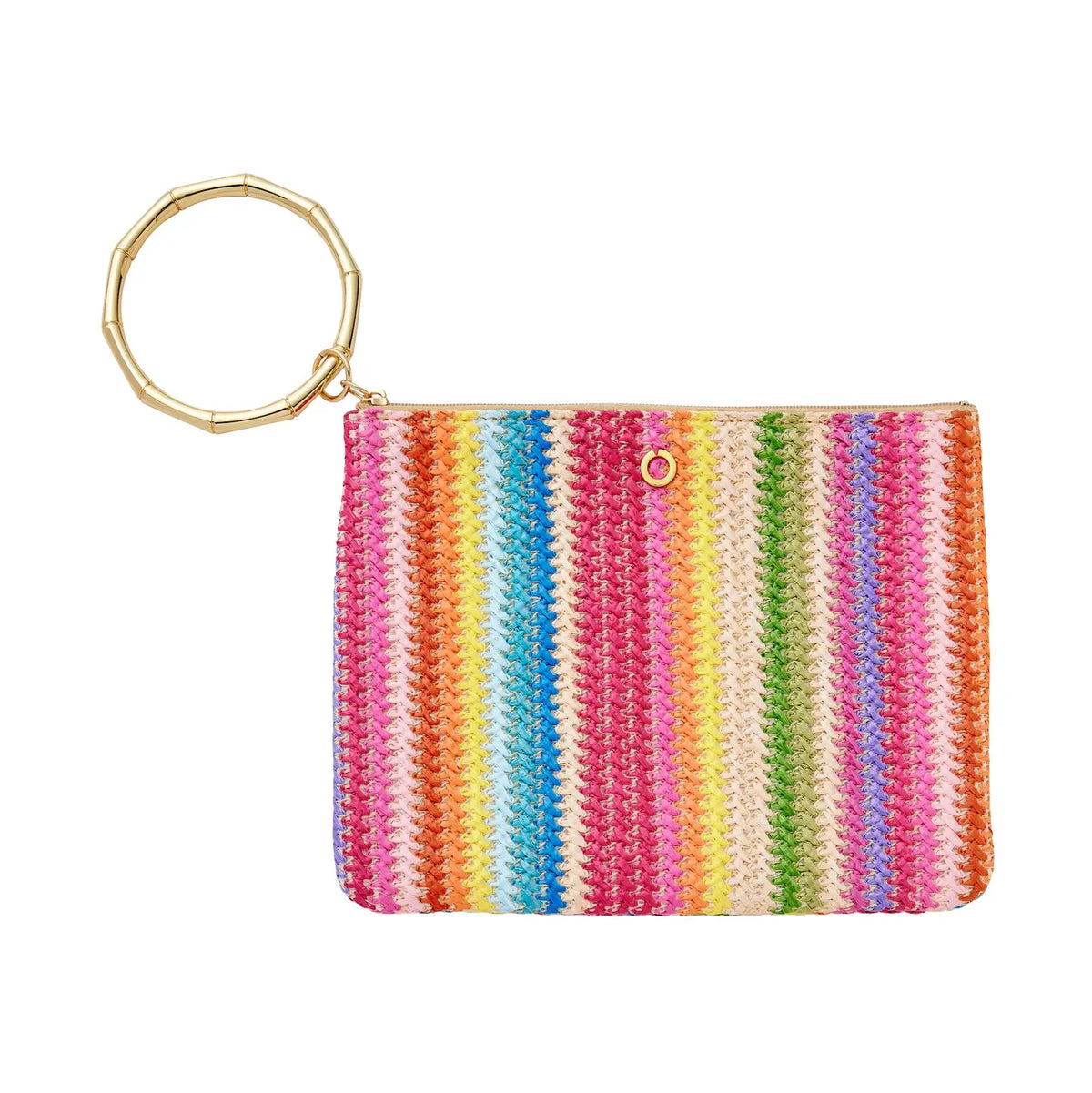 Multicolored striped pouch with a key ring on a white background