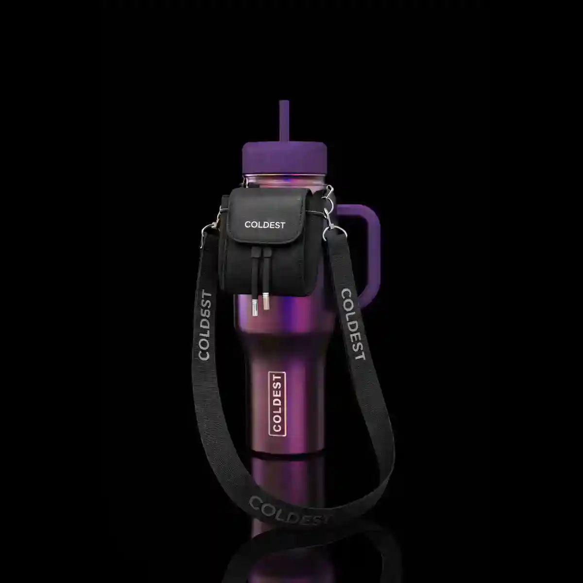 Purple water bottle with handle and straw on a black background