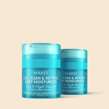 Two teal blue jars of MARÉE Collagen & Retinol Deep Moisturizer on a solid pale beige background.