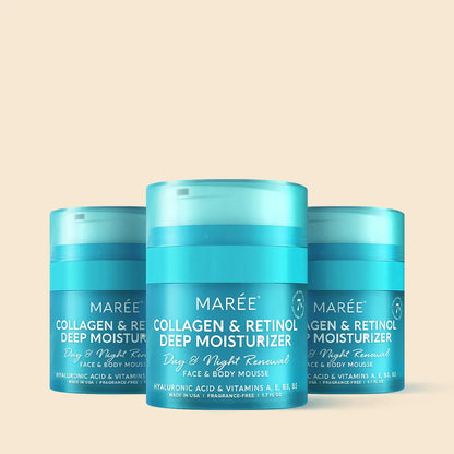 Three blue jars of Marée Collagen & Retinol Deep Moisturizer on a beige background