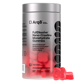Arq8 FullDissolve Nano-Creatine Monohydrate Gummies container with gummy bears on a white background