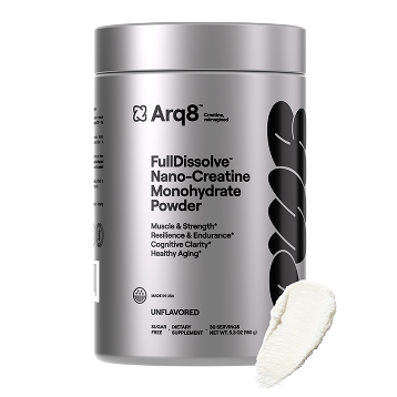 Arq8 FullDissolve Nano-Creatine Monohydrate Powder container with a scoop of powder on a white background