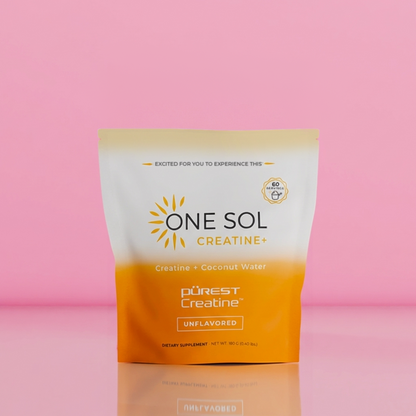 One Sol Creatine+ supplement package on a pink background