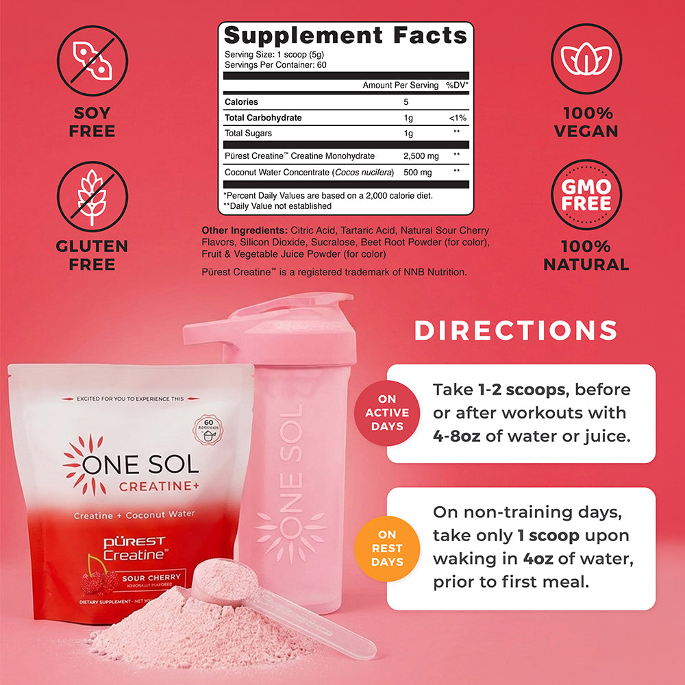 Supplement facts, directions, and product packaging of One Sol Creatine on a pink background.