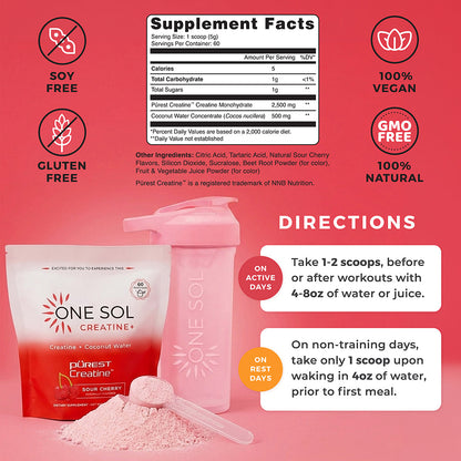 Supplement facts, directions, and product packaging of One Sol Creatine on a pink background.