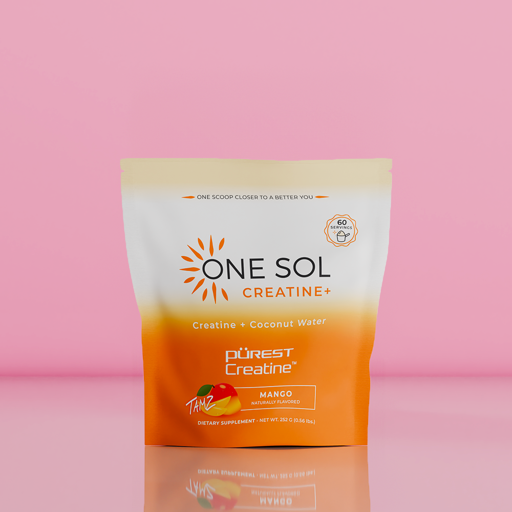 One Sol Creatine+ supplement package on a pink background