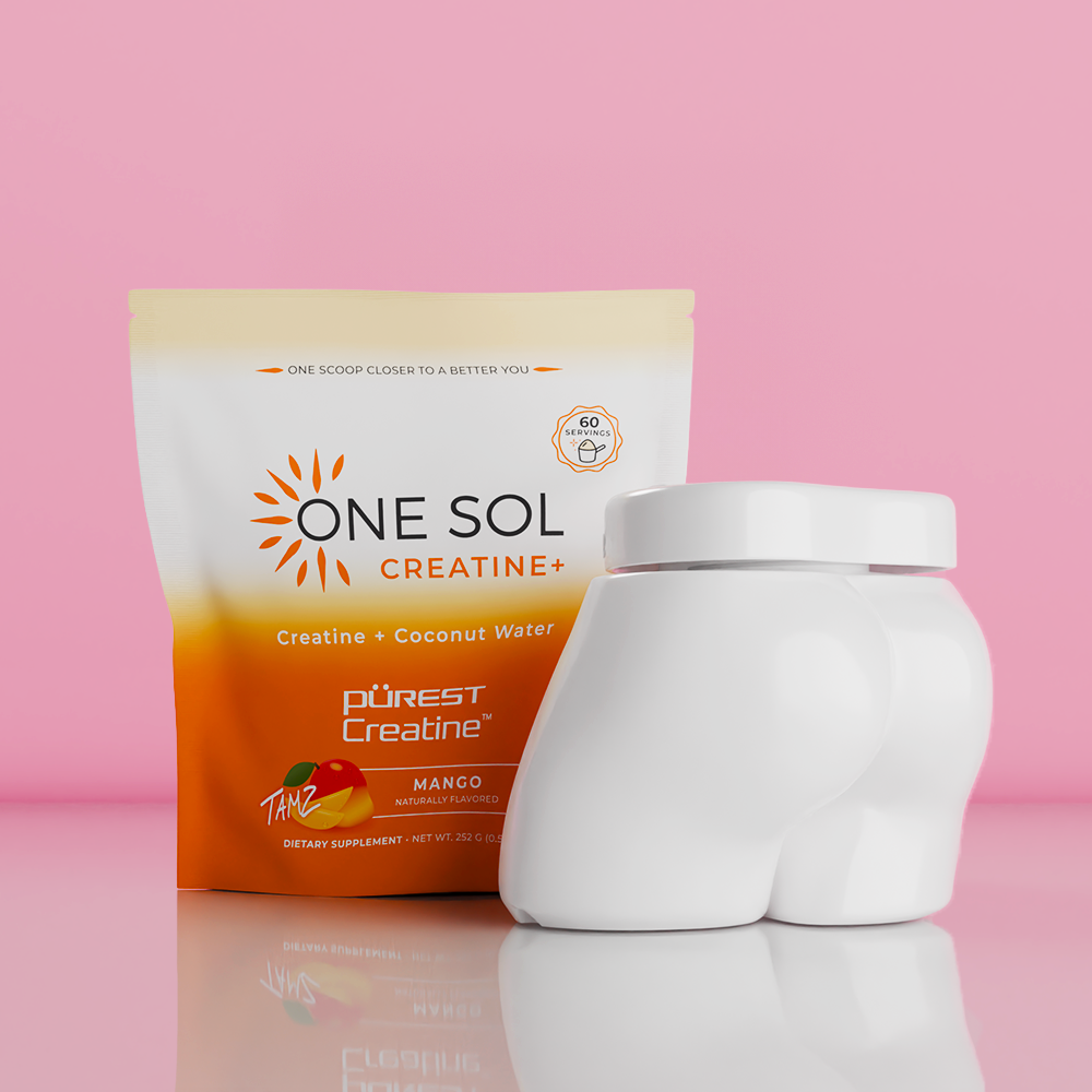 One Sol Creatine+ supplement packaging with a white container on a pink background