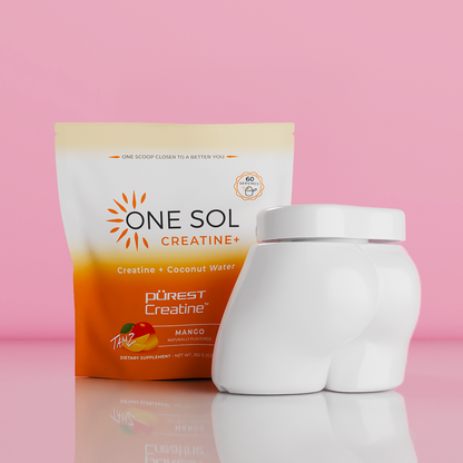 One Sol Creatine+ supplement packaging with a white container on a pink background