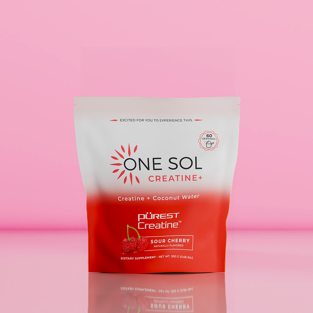 One Sol Creatine+ supplement package on a pink background