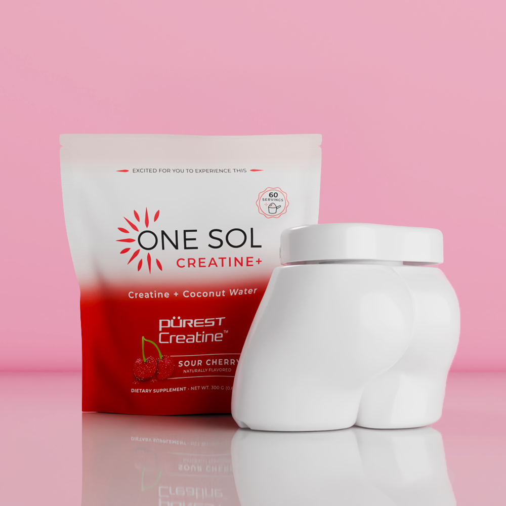 One Sol Creatine supplement packaging with a white container on a pink background