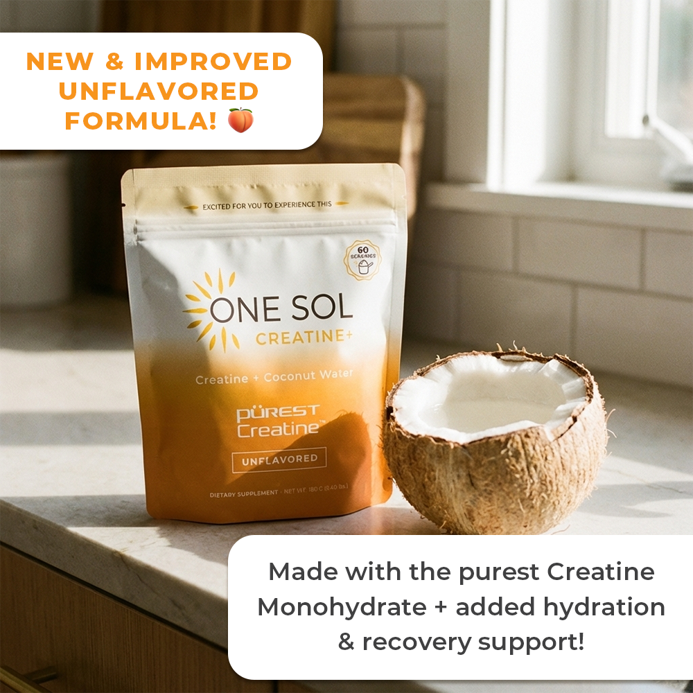 One Sol Creatine package on a kitchen counter with a coconut, promoting a new & improved unflavored formula.
