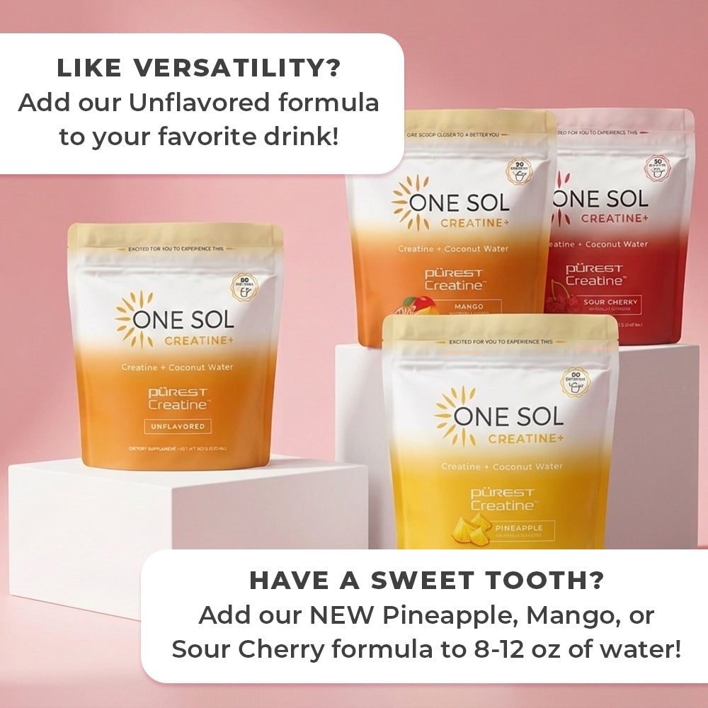 Four stand-up pouches of One Sol Creatine+ are arranged on white display blocks against a soft pink background, with promotional text bubbles around them. The pouches show different flavor/color variants: orange, red, yellow, and white-to-orange gradient packs.