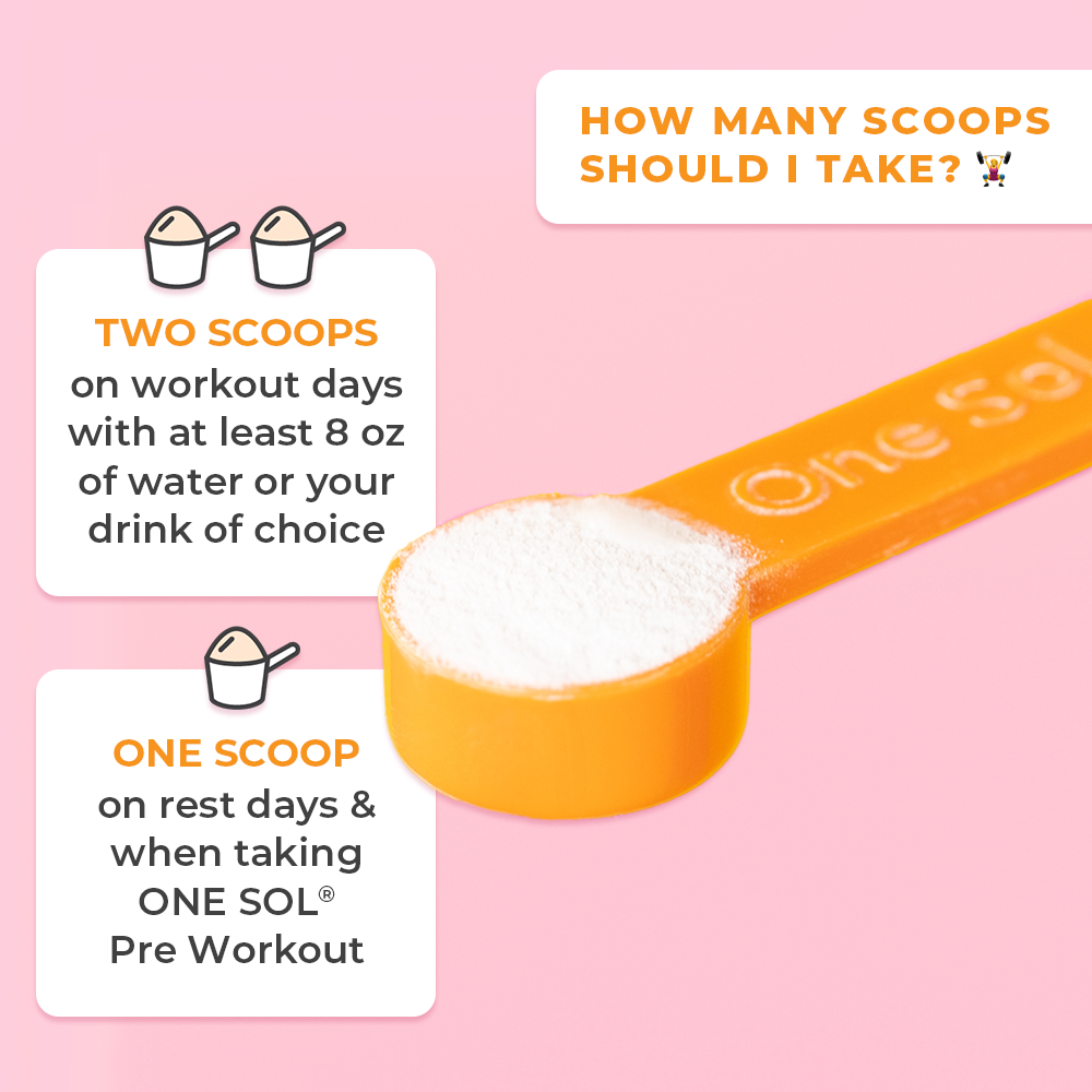 Orange measuring scoop with protein powder on a pink background, displaying usage instructions.