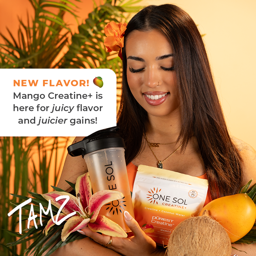 Woman holding a supplement container with promotional text about Mango Creatine+ flavor