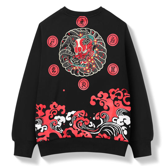 Black sweatshirt with red and white dragon design on a white background