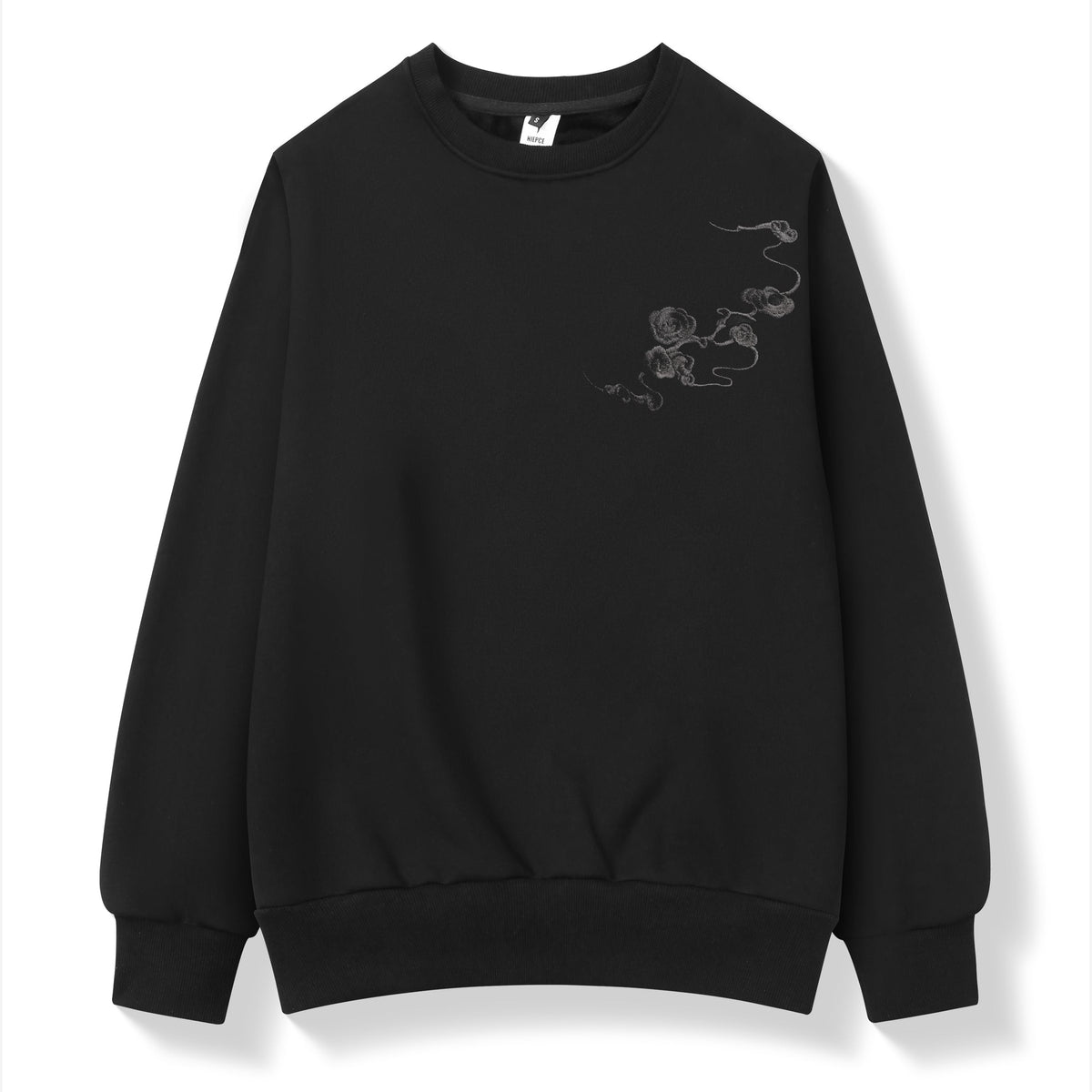 Black sweatshirt with a small design on the chest against a white background