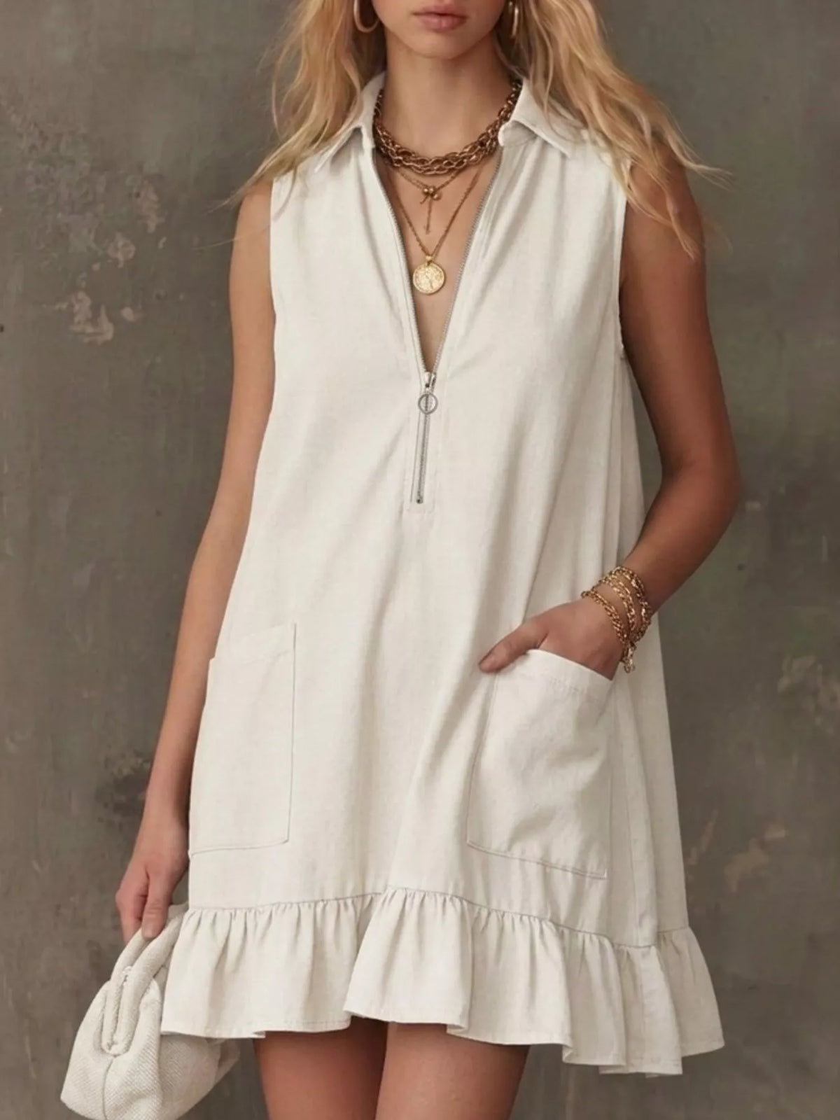 Sleeveless Collared Zip-Front Ruffle Hem Dress, styled photo