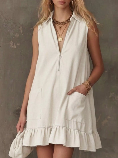 Sleeveless Collared Zip-Front Ruffle Hem Dress, styled photo
