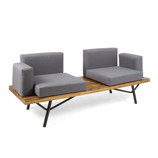 Dark gray outdoor sofa with acacia wood frame and iron legs