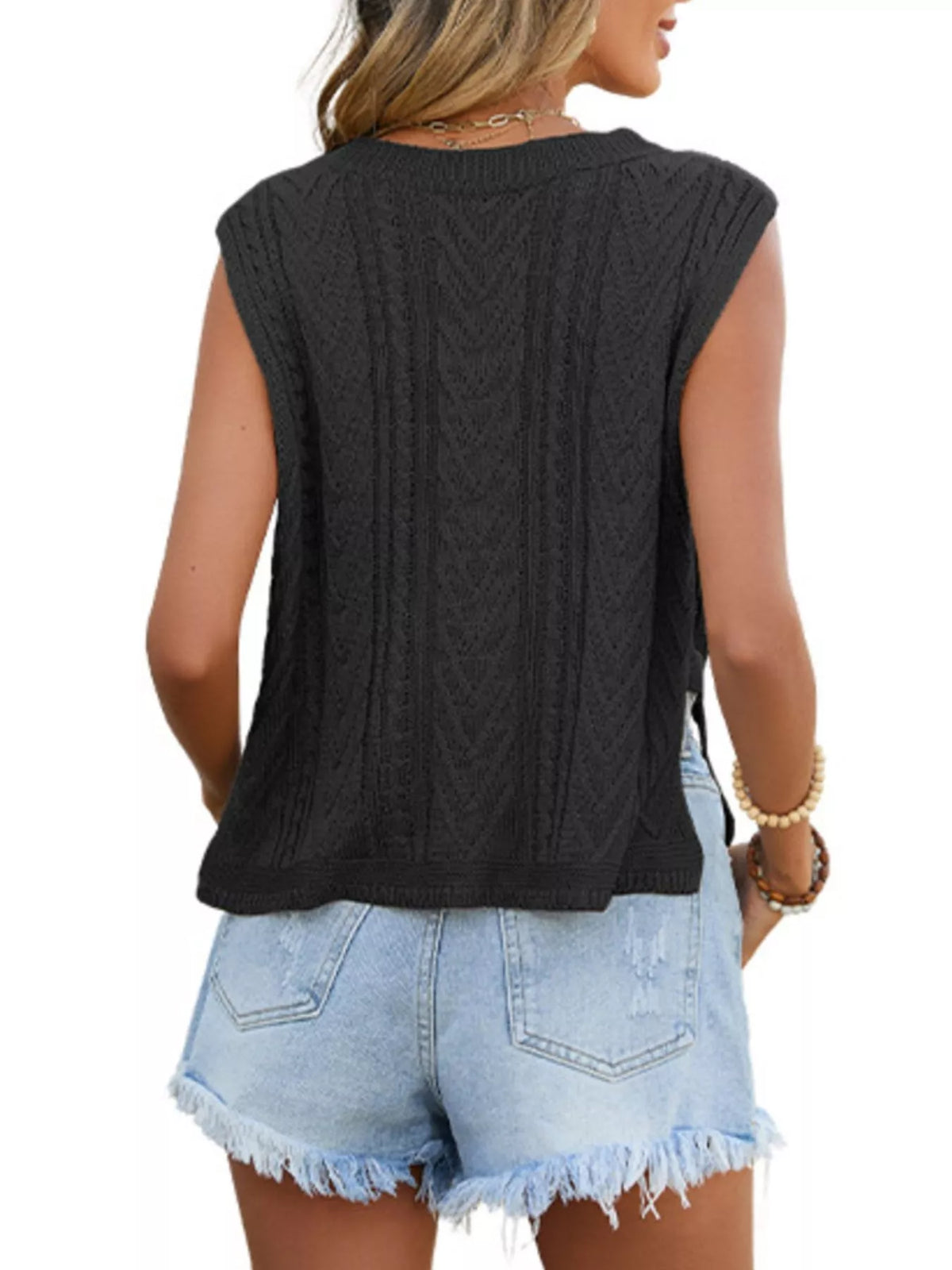 Cable knit round neck sweater vest, alternate view (4)