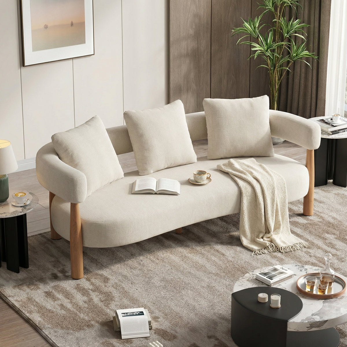 Luxe Curved 3-Seater Chenille Sofa in Beige, styled photo