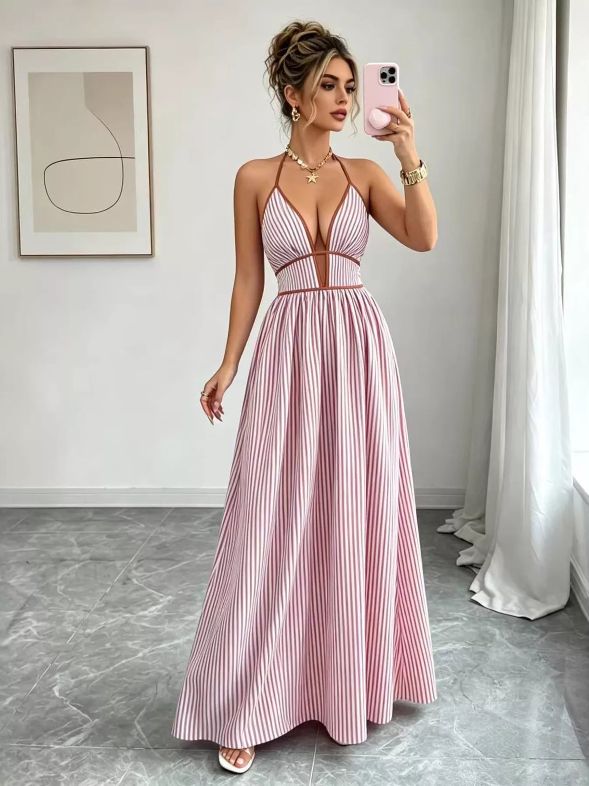 Striped Halter Neck Maxi Dress, product photo (3)