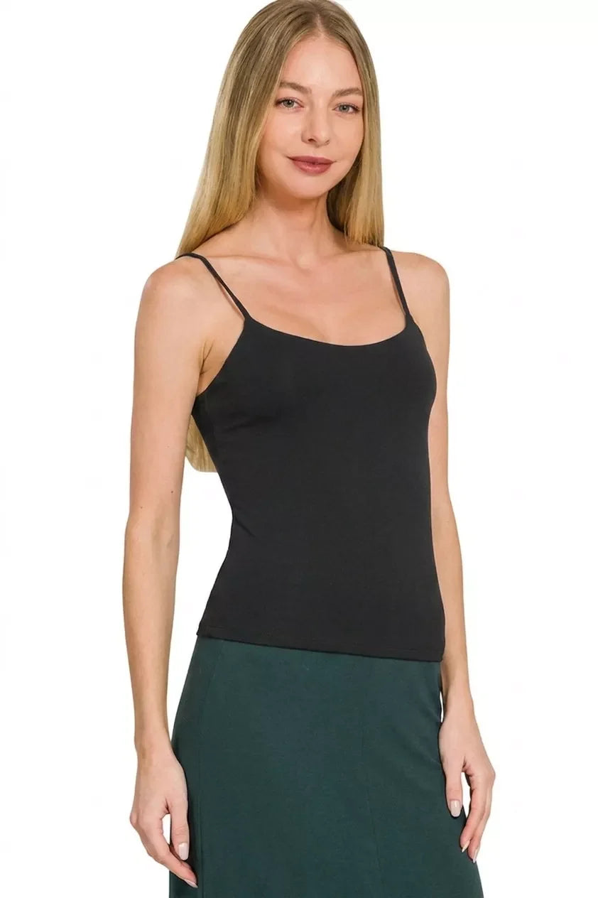 Zenana Double Layered Round Neck Spaghetti Cami in black, alternate view