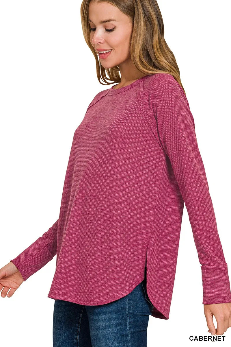Zenana baby waffle long sleeve top in Cabernet, alternate view