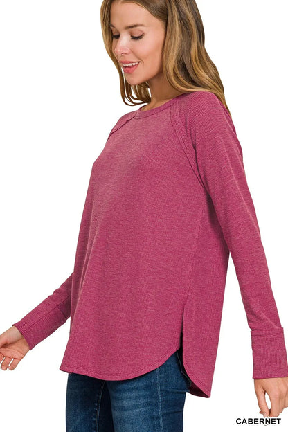 Zenana baby waffle long sleeve top in Cabernet, alternate view