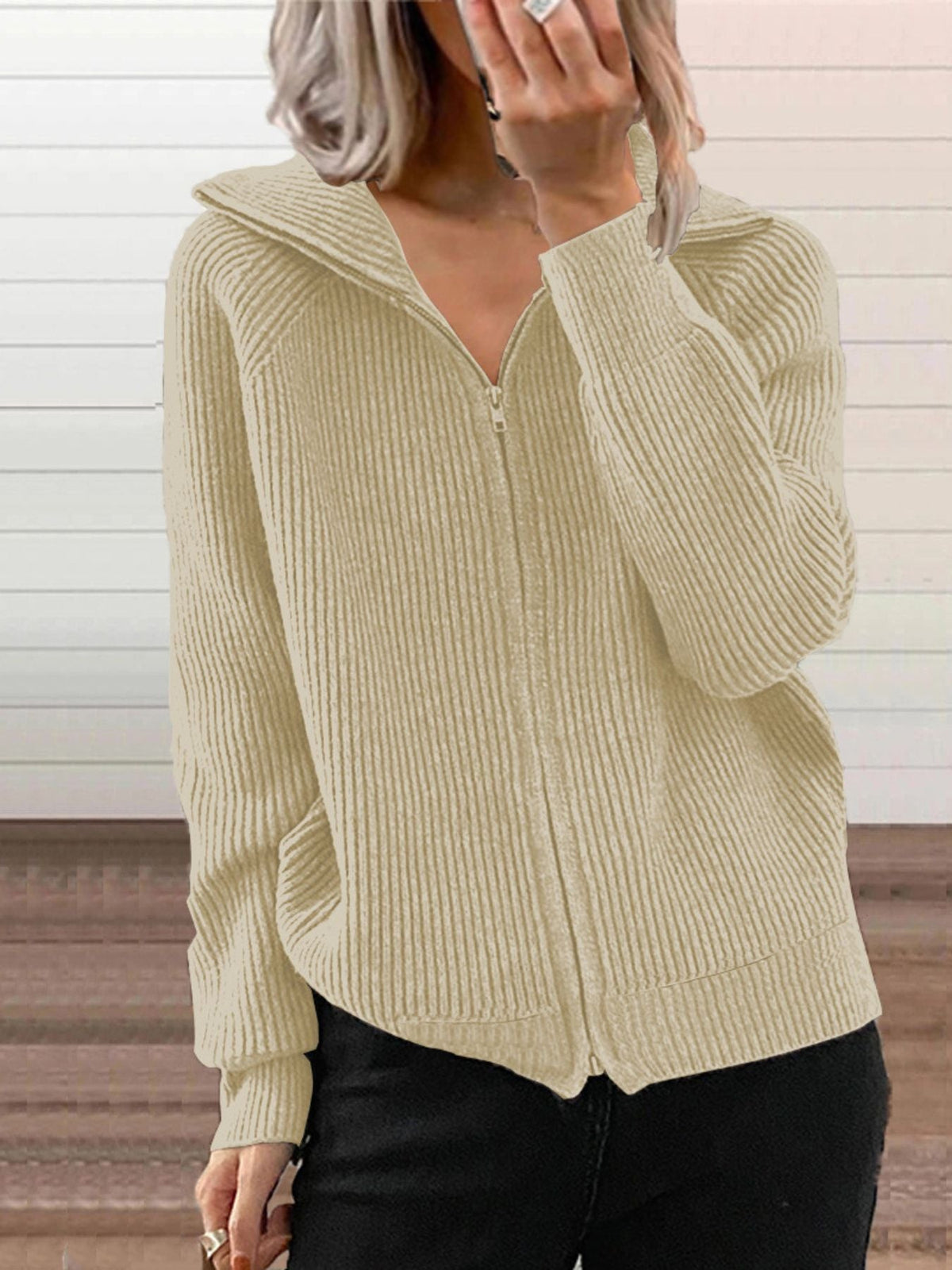 Ribbed Knit Zip-Up Outerwear, styled photo (4)
